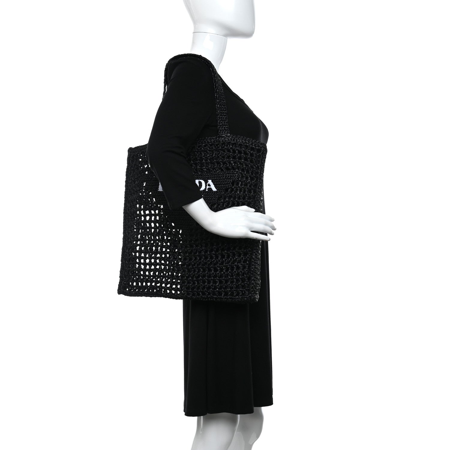 Prada Yarn Raffia Effect Crochet Logo Embroidered Tote Bag Black 2 of 11