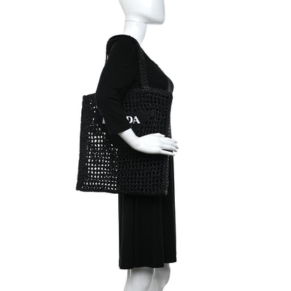 Prada Yarn Raffia Effect Crochet Logo Embroidered Tote Bag Black 2 of 11