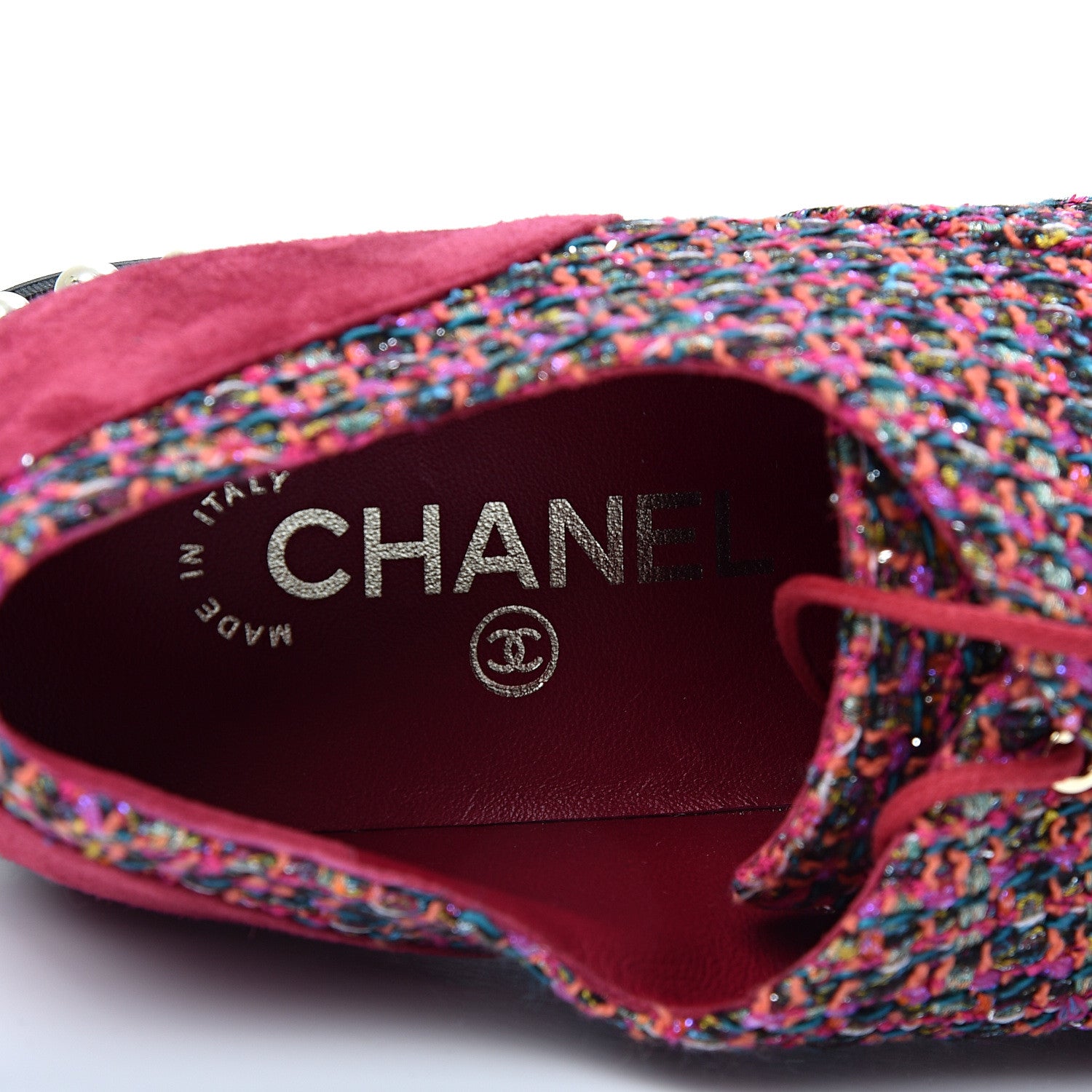 Chanel Tweed Calfskin Pearl Lace Up Sneakers 38.5 Fuchsia Orange Green Red 8 of 9