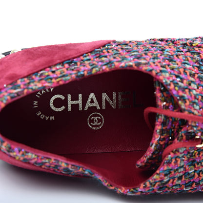 Chanel Tweed Calfskin Pearl Lace Up Sneakers 38.5 Fuchsia Orange Green Red 8 of 9