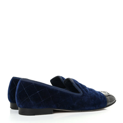 Chanel Velvet Quilted Cap Toe Womens CC Loafers 36 Blue 3 of 4