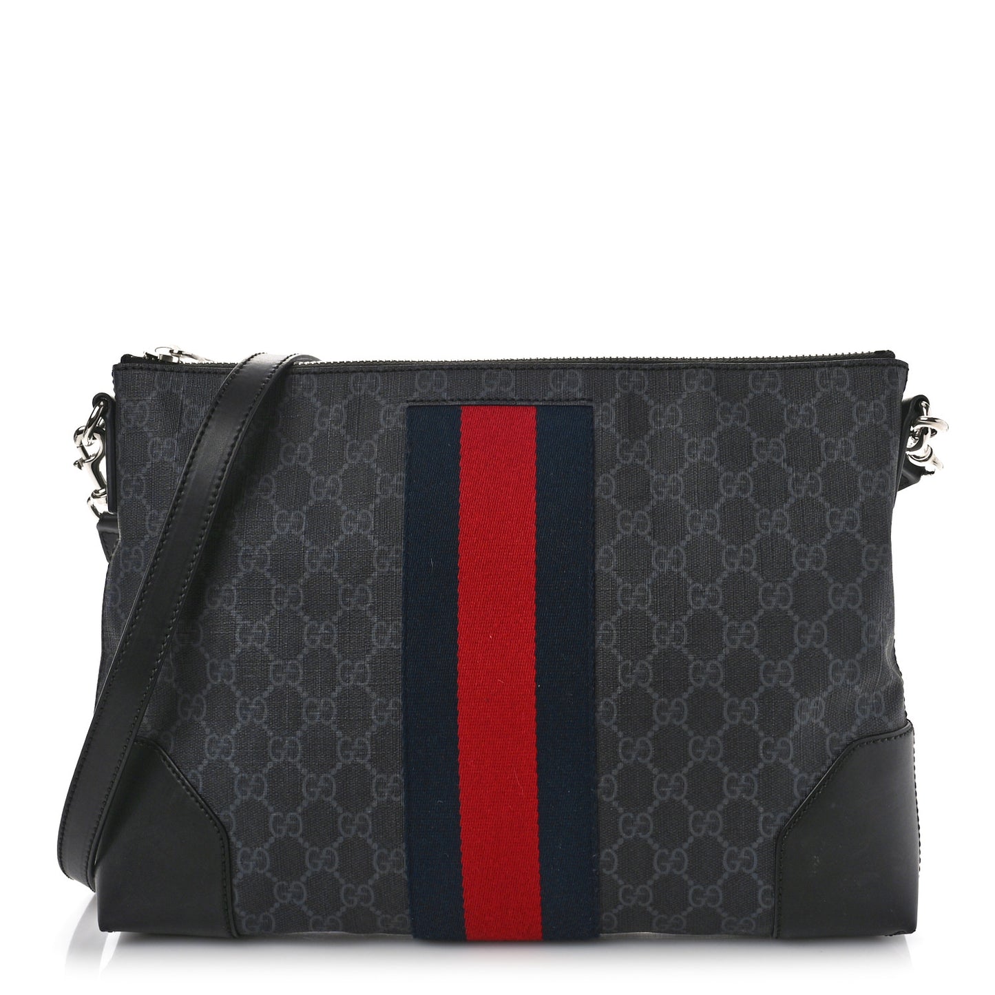 Soft GG Supreme Monogram Appia Calfskin Web East West Messenger Bag Black Grey