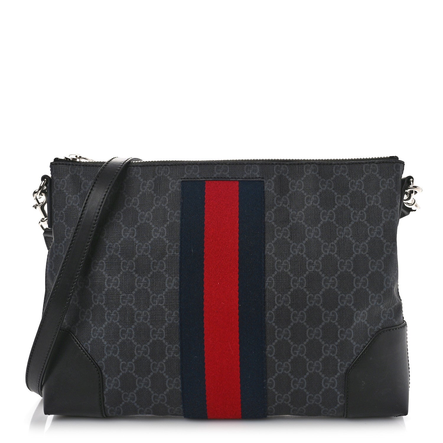 Gucci Soft GG Supreme Monogram Appia Calfskin Web East West Messenger Bag Black Grey 1 of 7