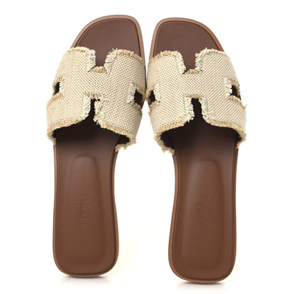 Hermes Linen Canvas Fringe Oran Sandals 39 Beige 2 of 10