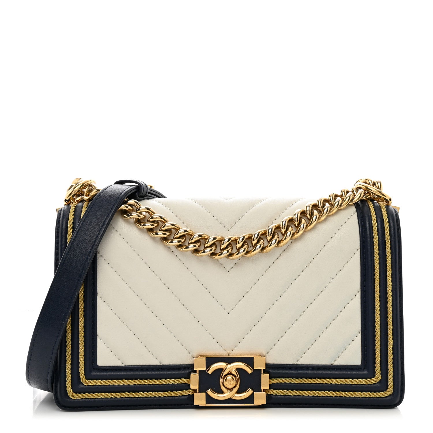 Chanel Calfskin Chevron Quilted Braided Medium Boy Flap White Navy 1 of 10