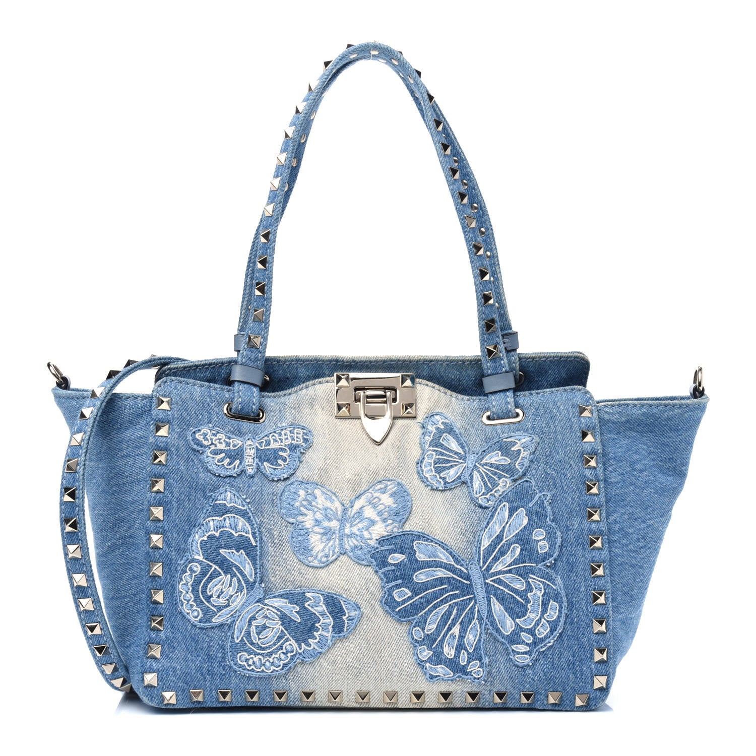 Valentino Garavani Denim Butterfly Embroidered Small Rockstud Tote Light Denim 1 of 13
