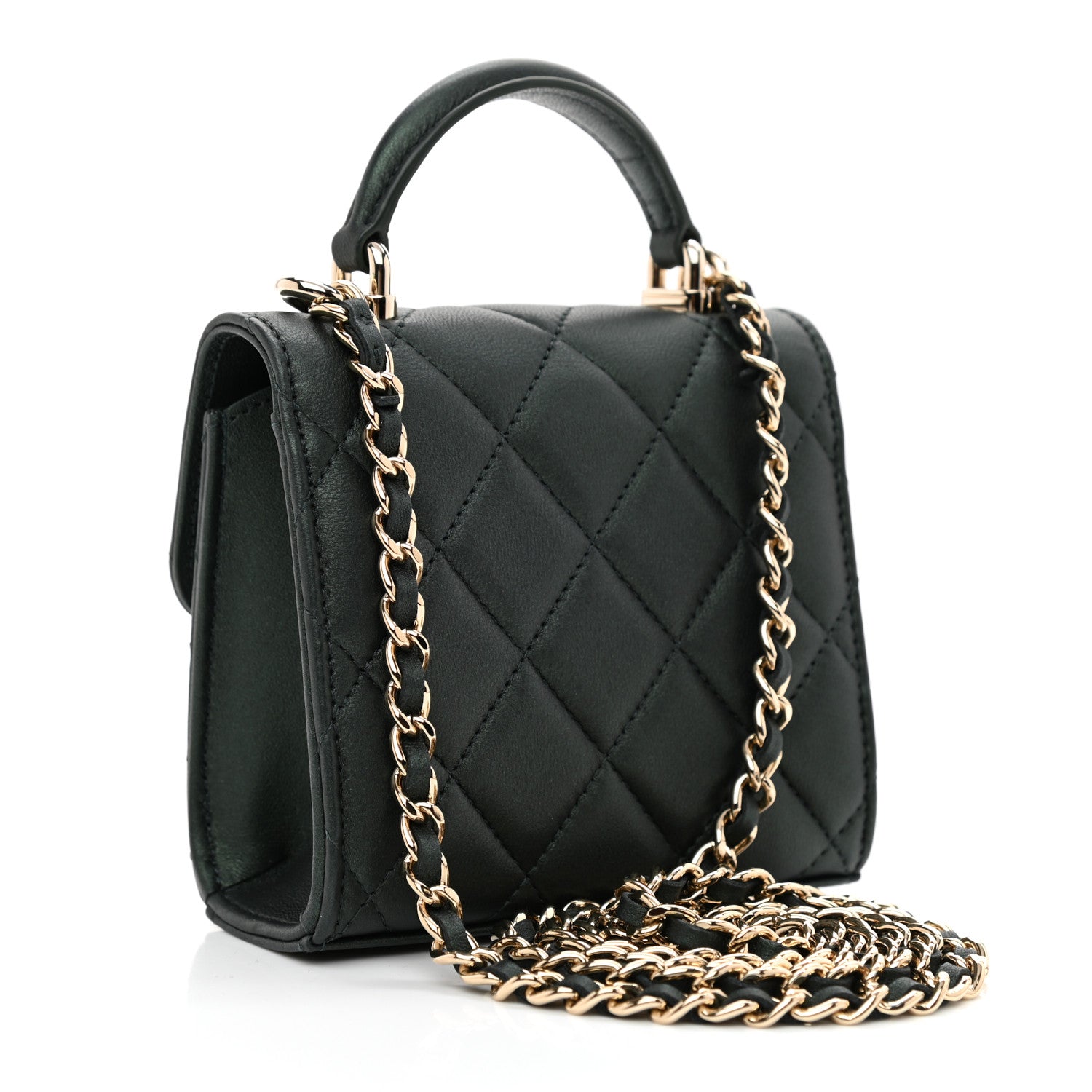 Chanel Iridescent Lambskin Quilted Top Handle Flap Clutch With Chain Dark Green 3 of 11