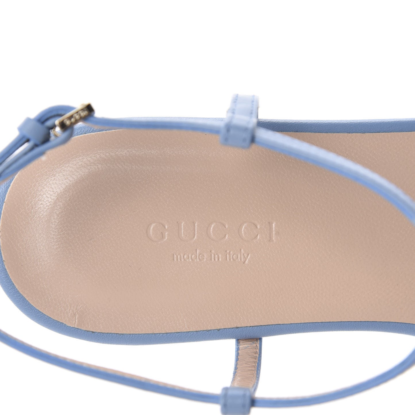 Calfskin Horsebit T-Strap Flat Sandals 35.5 Porcelain Light Blue