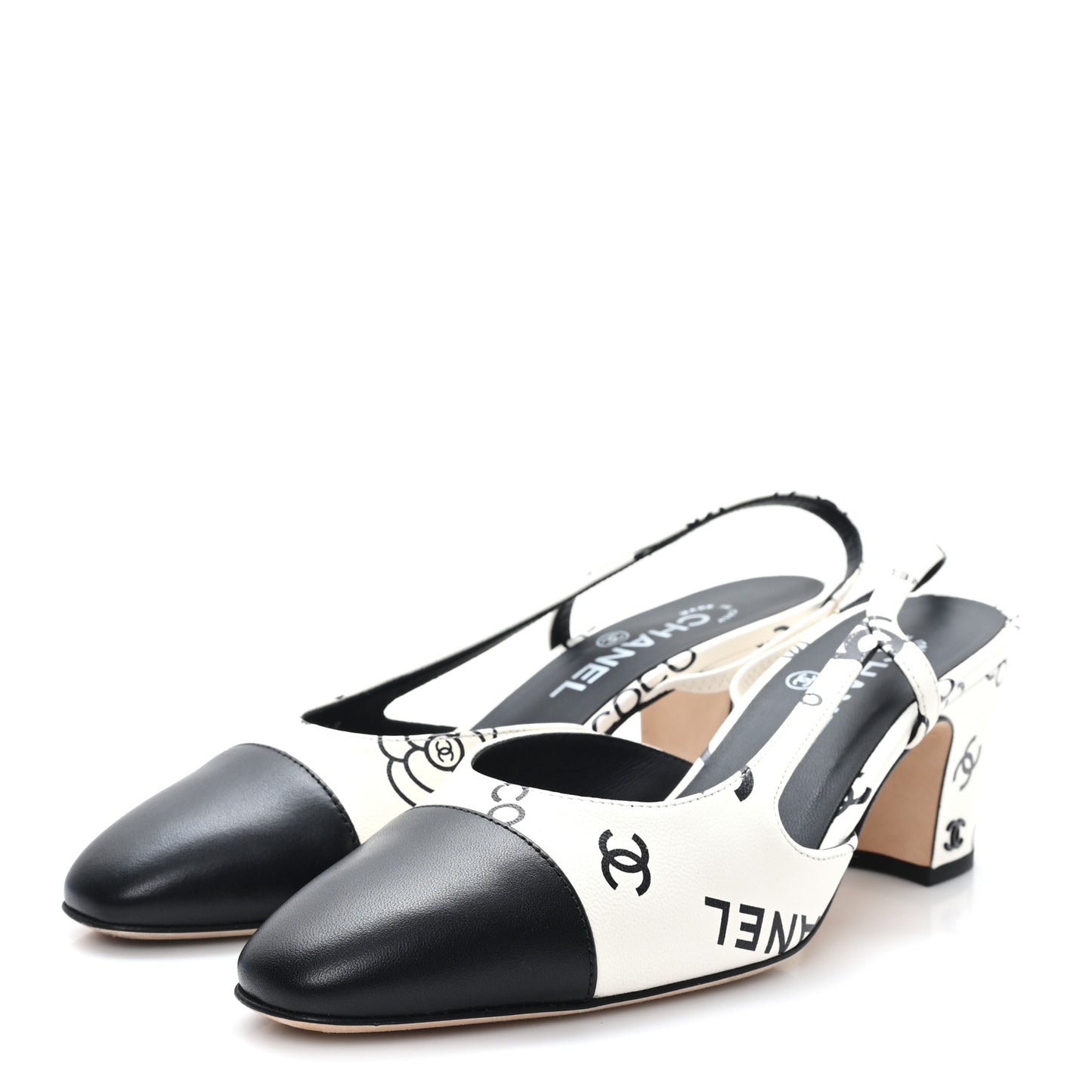 Printed Lambskin Cap Toe CC Slingback Pumps 38 Black White