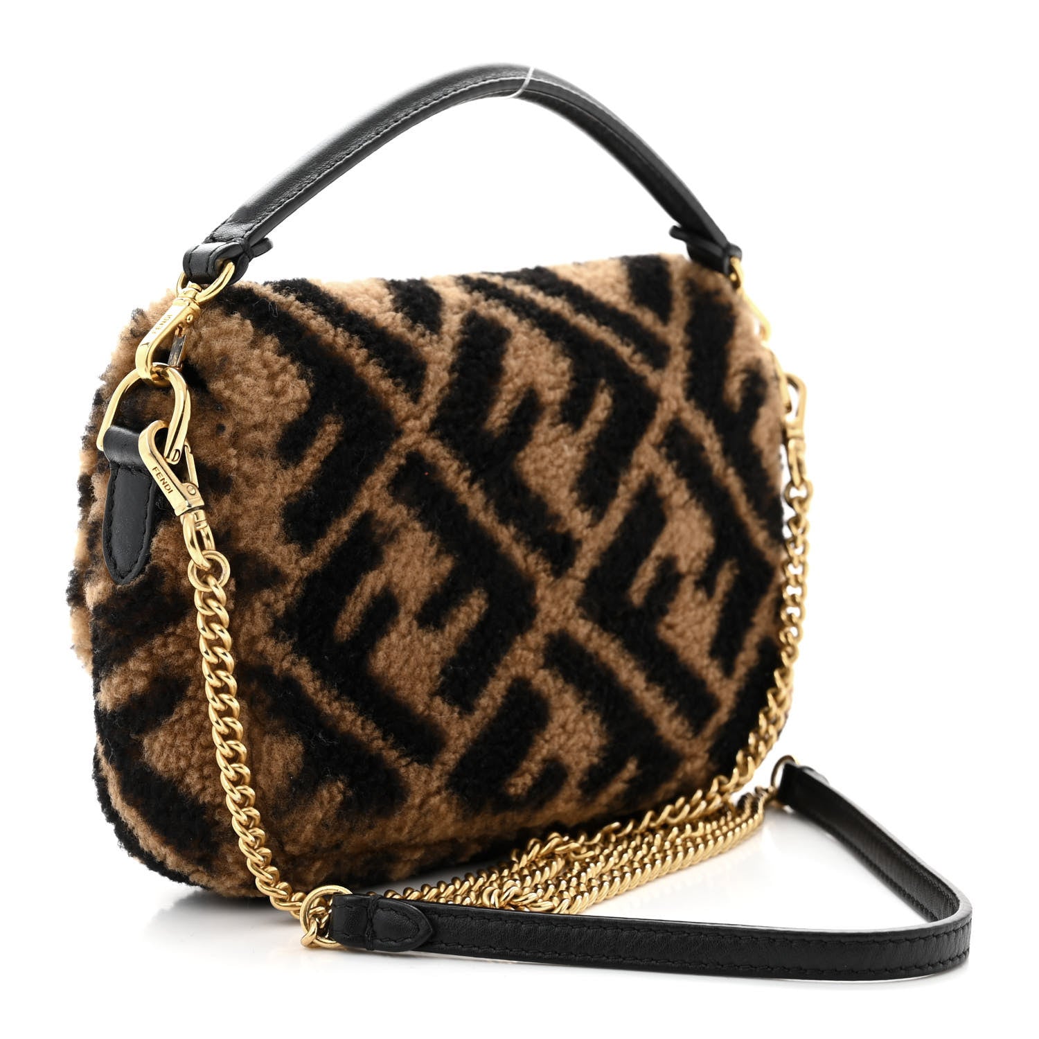 Fendi Shearling Vitello Dolce Macro FF 1974 Mini Baguette Tobacco Black 3 of 10