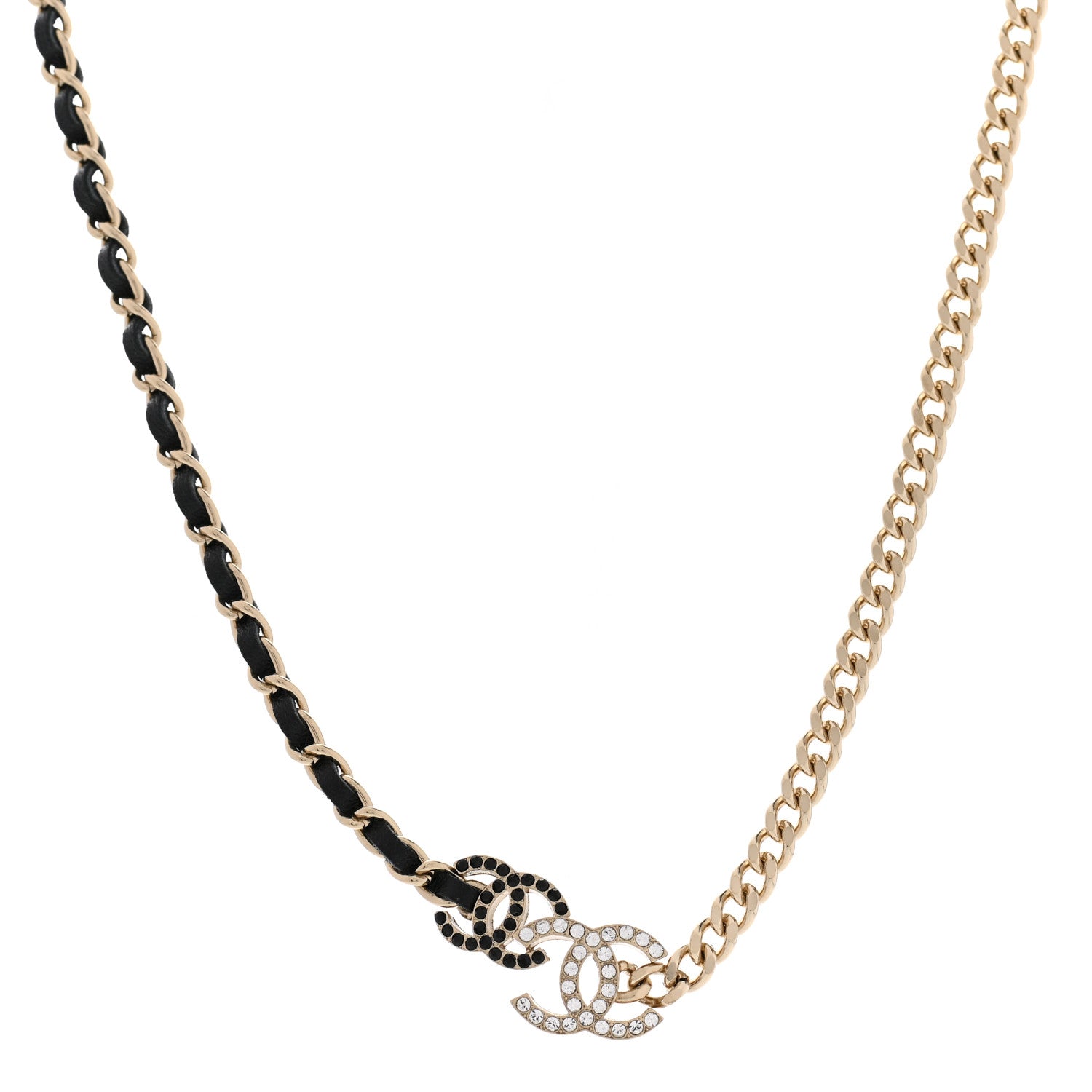 Chanel Metal Calfskin Crystal Double CC Short Necklace Black Gold 1 of 6