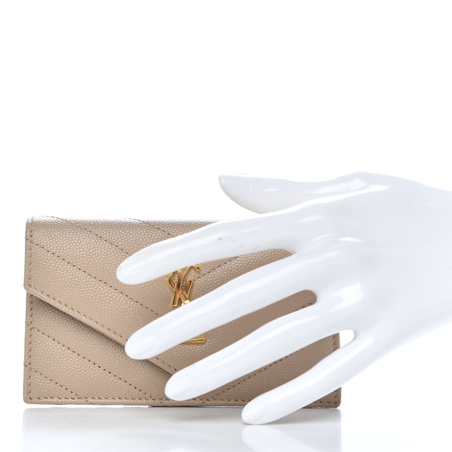 Saint Laurent Grain De Poudre Matelasse Chevron Monogram Compact Wallet Dark Beige 2 of 7