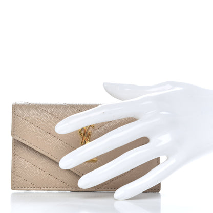 Saint Laurent Grain De Poudre Matelasse Chevron Monogram Compact Wallet Dark Beige 2 of 7