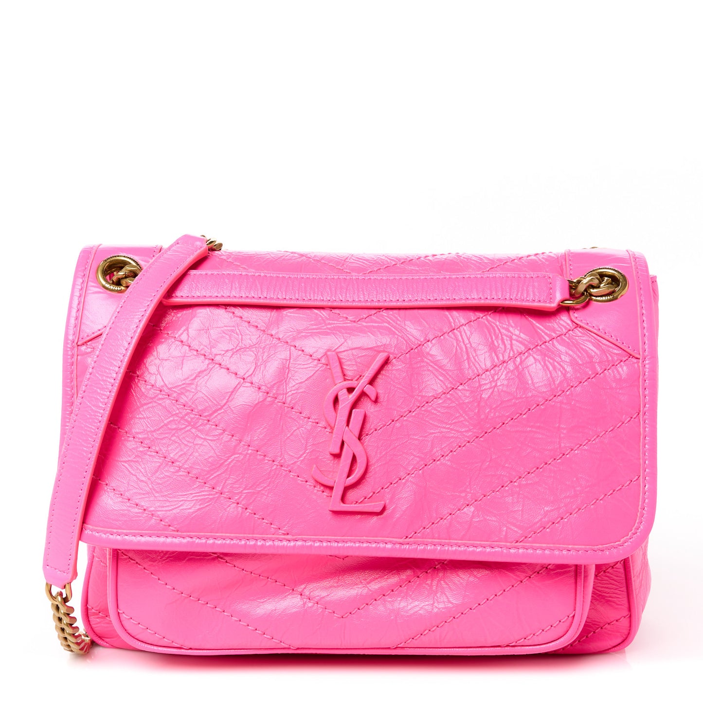 Crinkled Calfskin Matelasse Monogram Medium Niki Chain Satchel Rose Glow