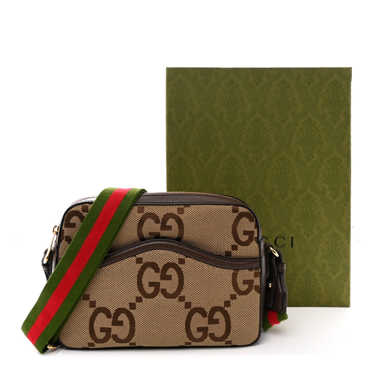 Gucci Monogram Jumbo GG Textured Dollar Calfskin Web Messenger Shoulder Bag Camel Ebony New Acero 13 of 13