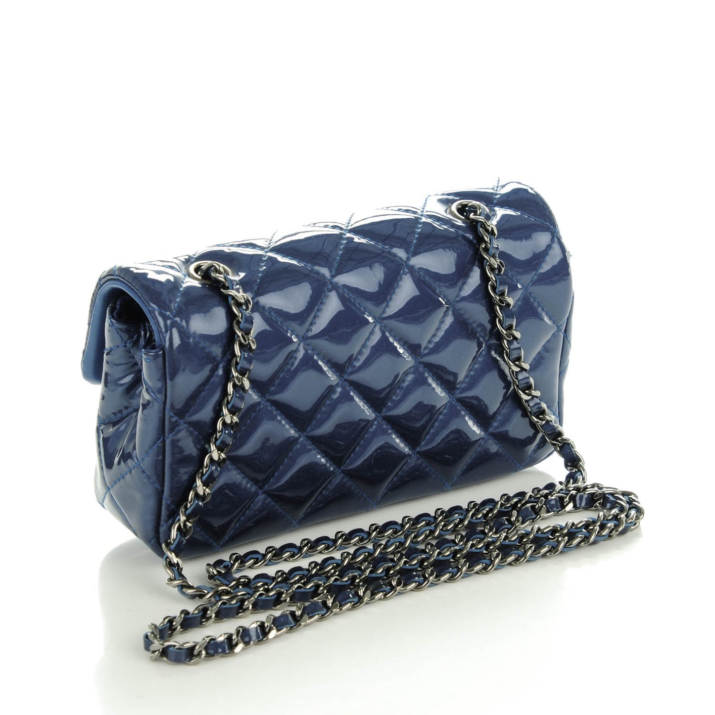 Patent Calfskin Quilted Mini Rectangular Flap Blue