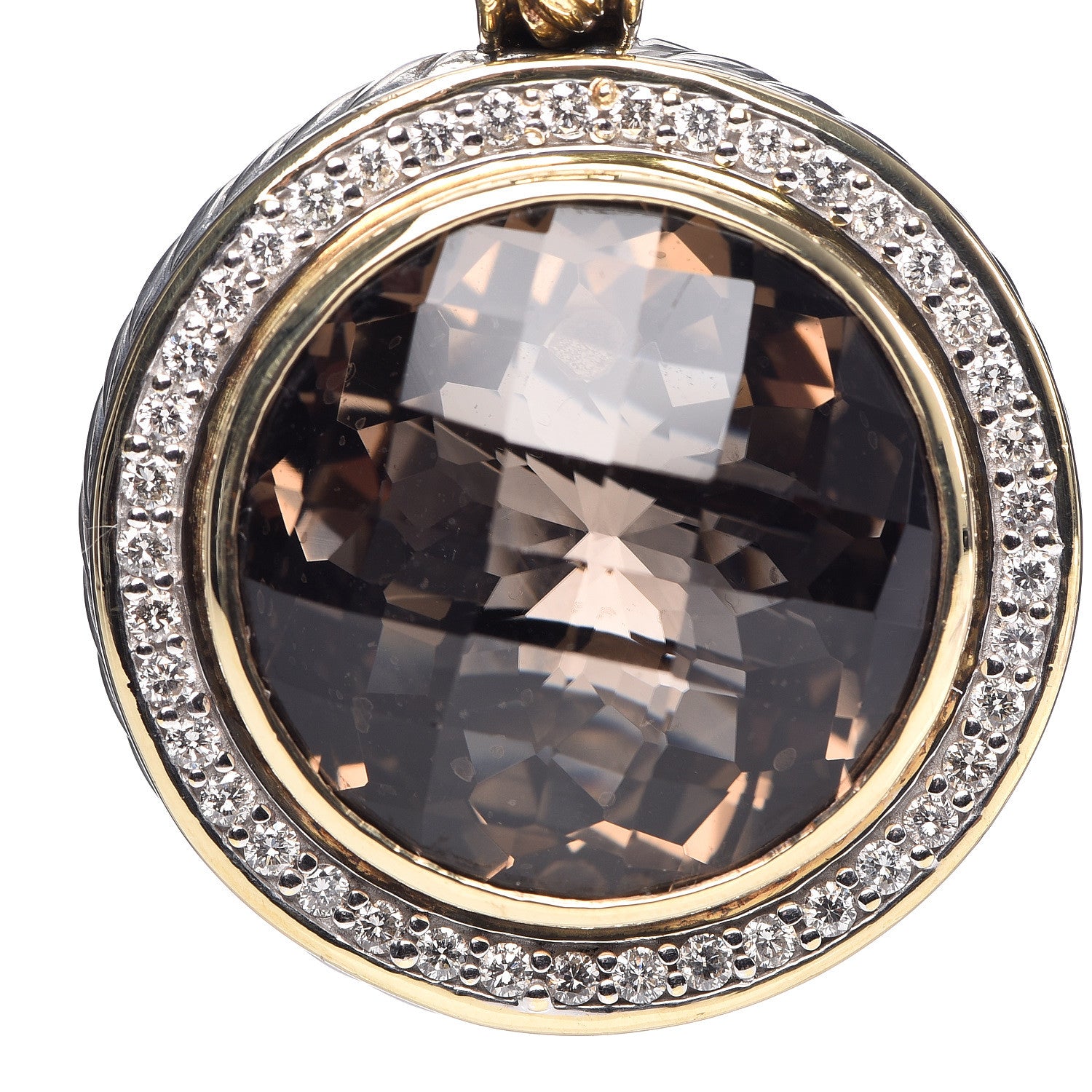 David Yurman Sterling Silver 18K Yellow Gold Diamond Smoky Quartz 18mm Albion Round Enhancer Pendant 5 of 6