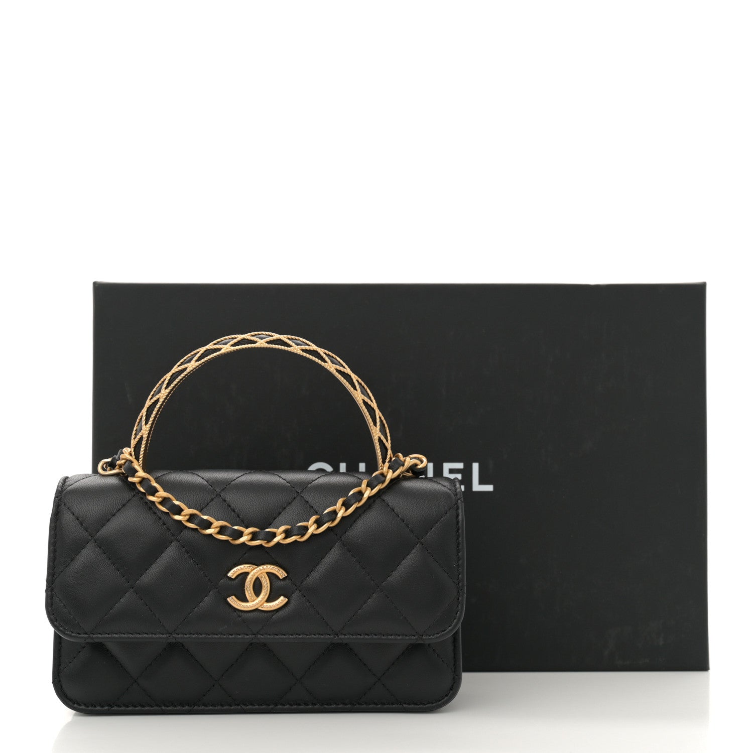 Chanel Lambskin Quilted Metal Twist Top Handle Flap Phone Holder With Chain Black 11 of 11