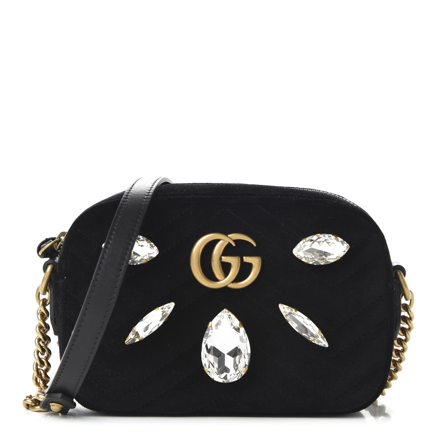 Velvet Matelasse Marquise Crystals Mini GG Marmont Chain Shoulder Bag Black