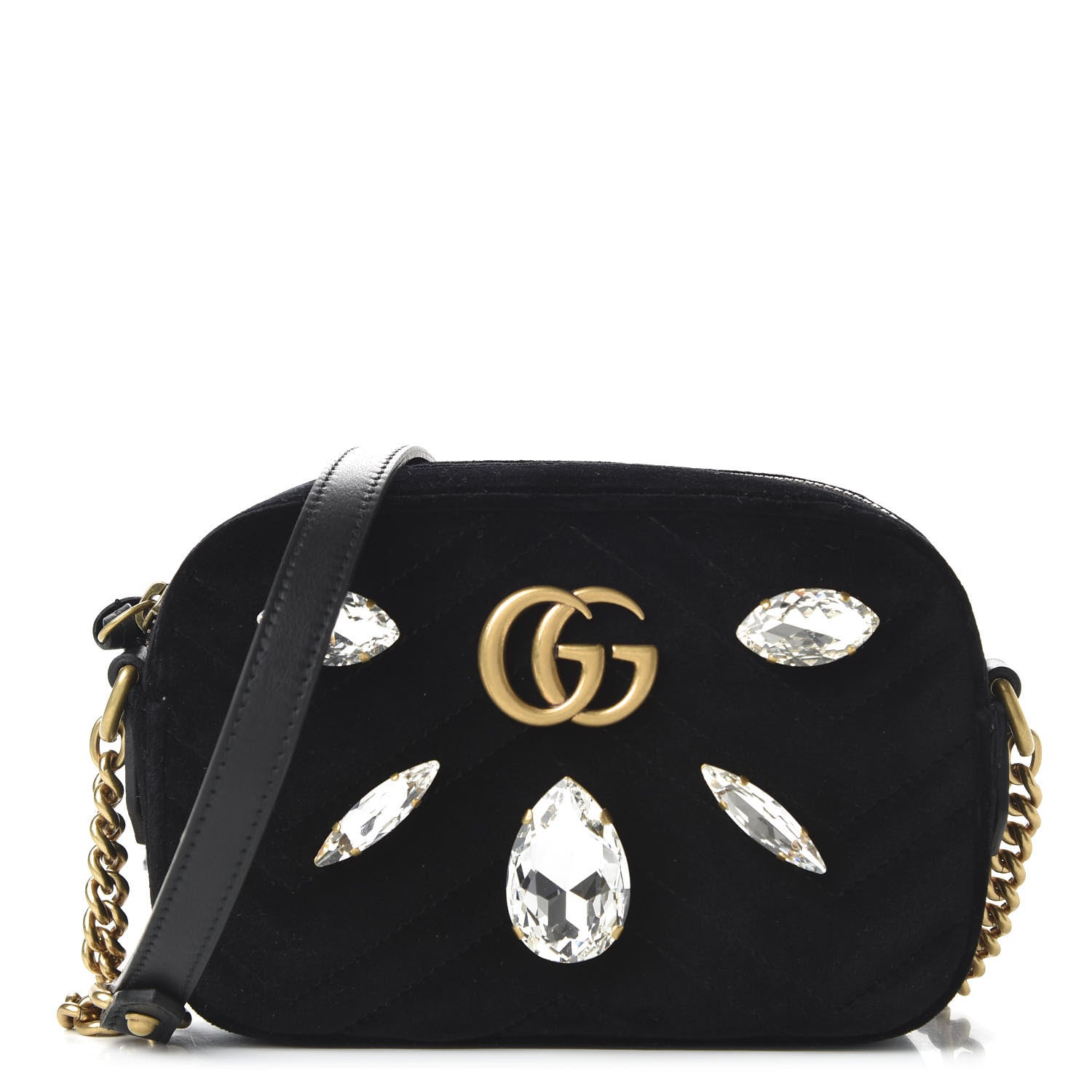 Gucci Velvet Matelasse Marquise Crystals Mini GG Marmont Chain Shoulder Bag Black 1 of 10