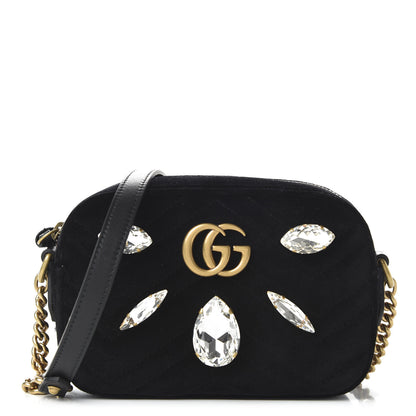 Gucci Velvet Matelasse Marquise Crystals Mini GG Marmont Chain Shoulder Bag Black 1 of 10