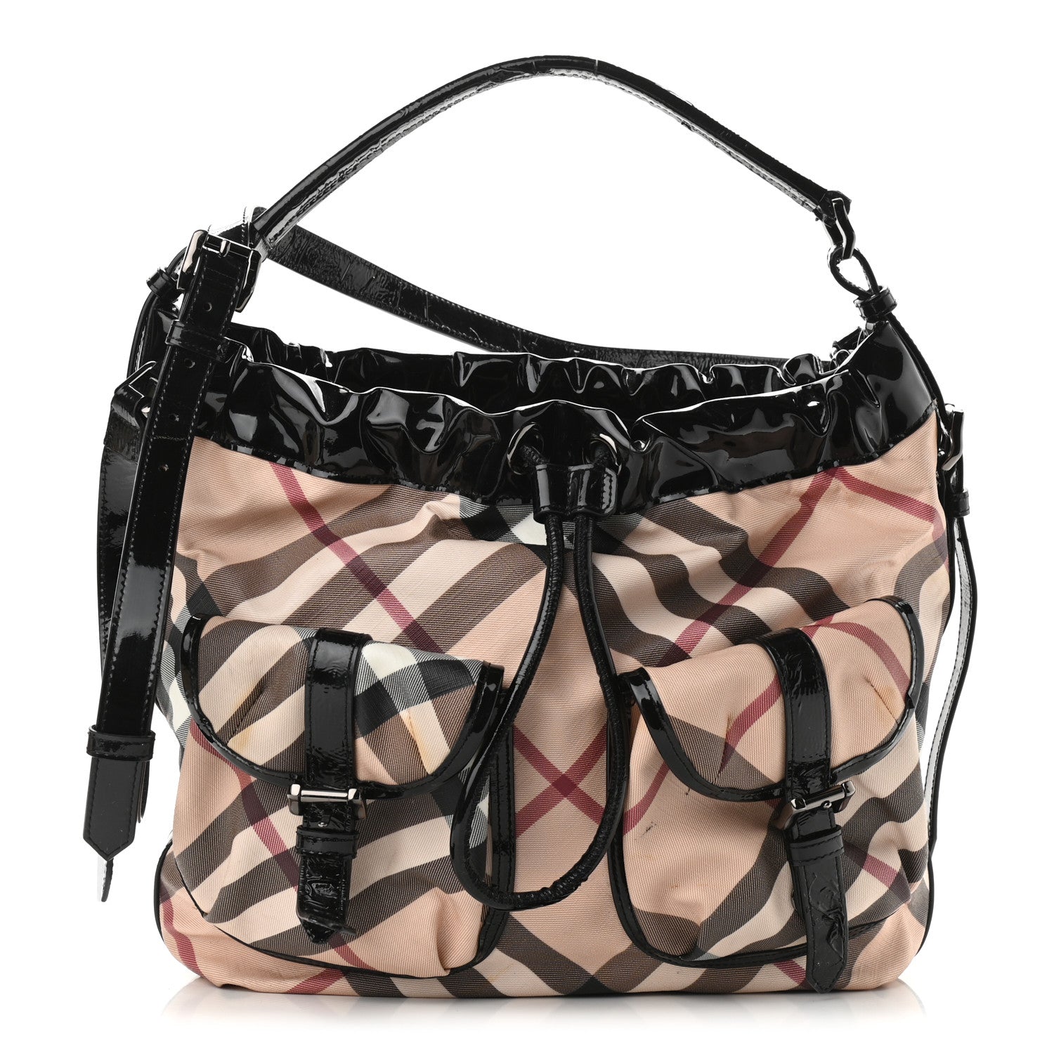 Burberry Patent Supernova Check Drawstring Hobo 1 of 15