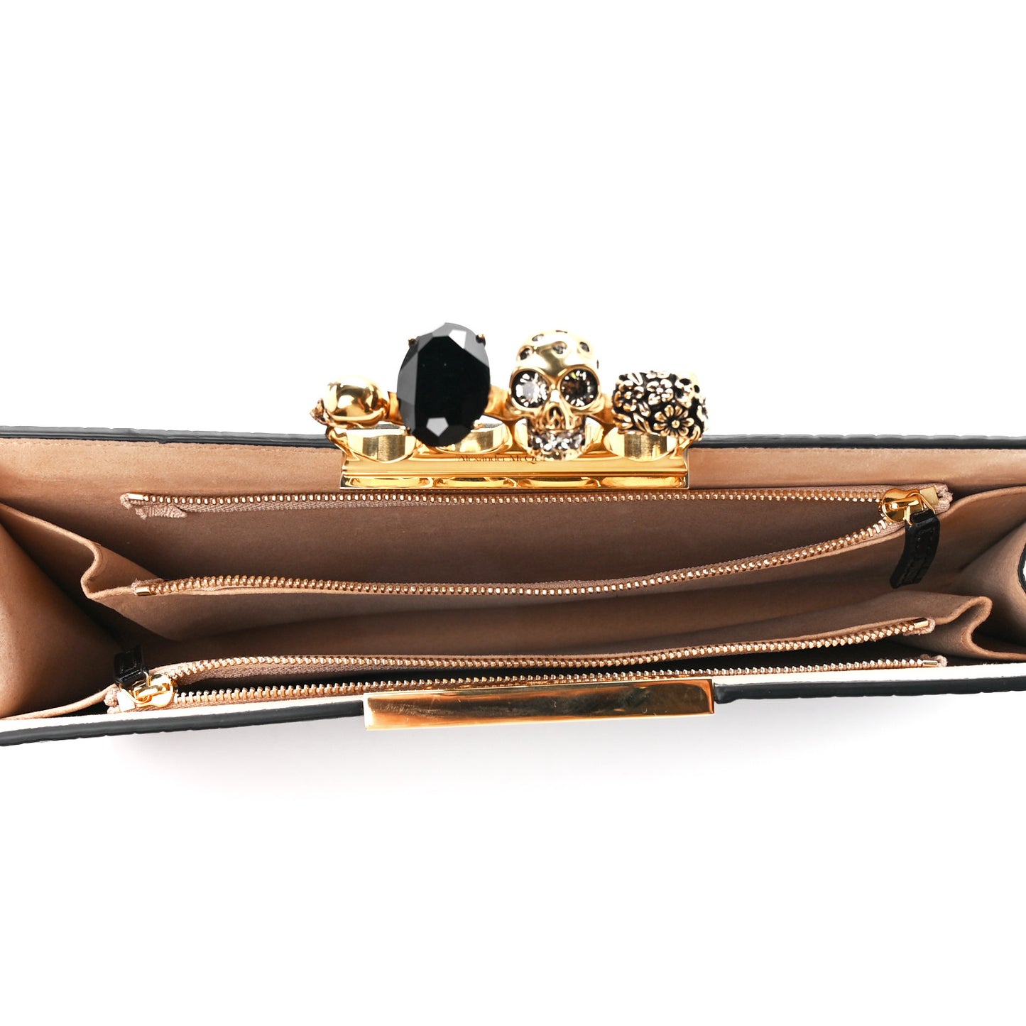 Calfskin Crocodile Embossed Knuckle Flat Clutch Black Gold