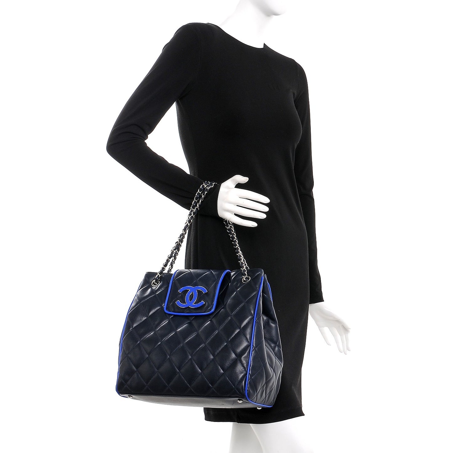 Lambskin Quilted CC Shopping Tote Navy Blue