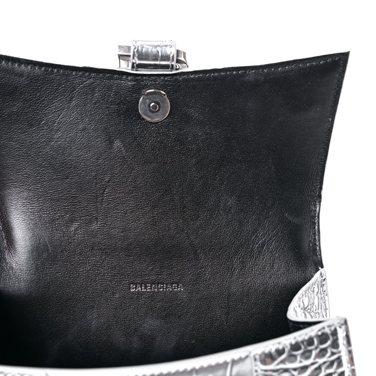 Metallic Calfskin Crocodile Embossed Hourglass Top Handle Bag XS Silver