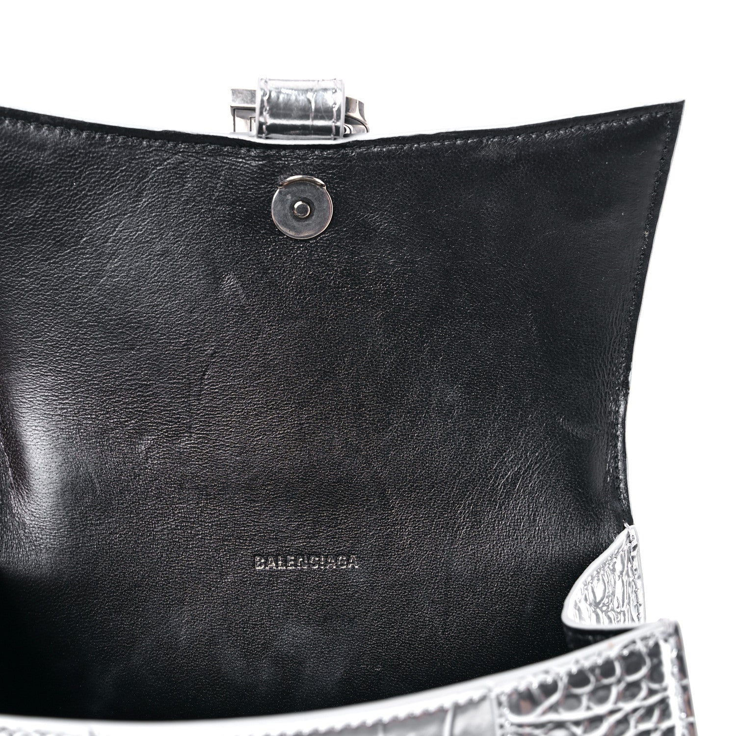 Balenciaga Metallic Calfskin Crocodile Embossed Hourglass Top Handle Bag XS Silver 12 of 15