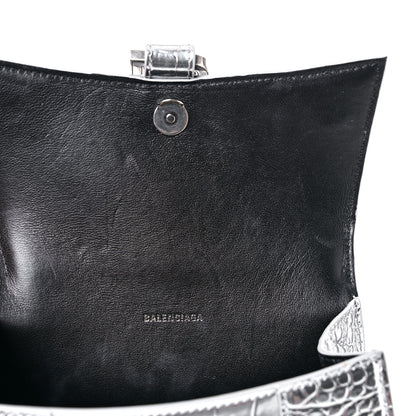 Balenciaga Metallic Calfskin Crocodile Embossed Hourglass Top Handle Bag XS Silver 12 of 15