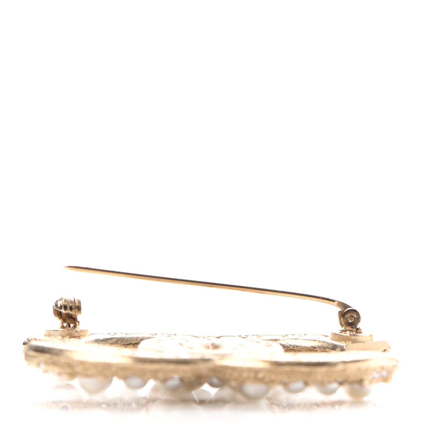 Metal Crystal Graduated Pearl CC Brooch Gold