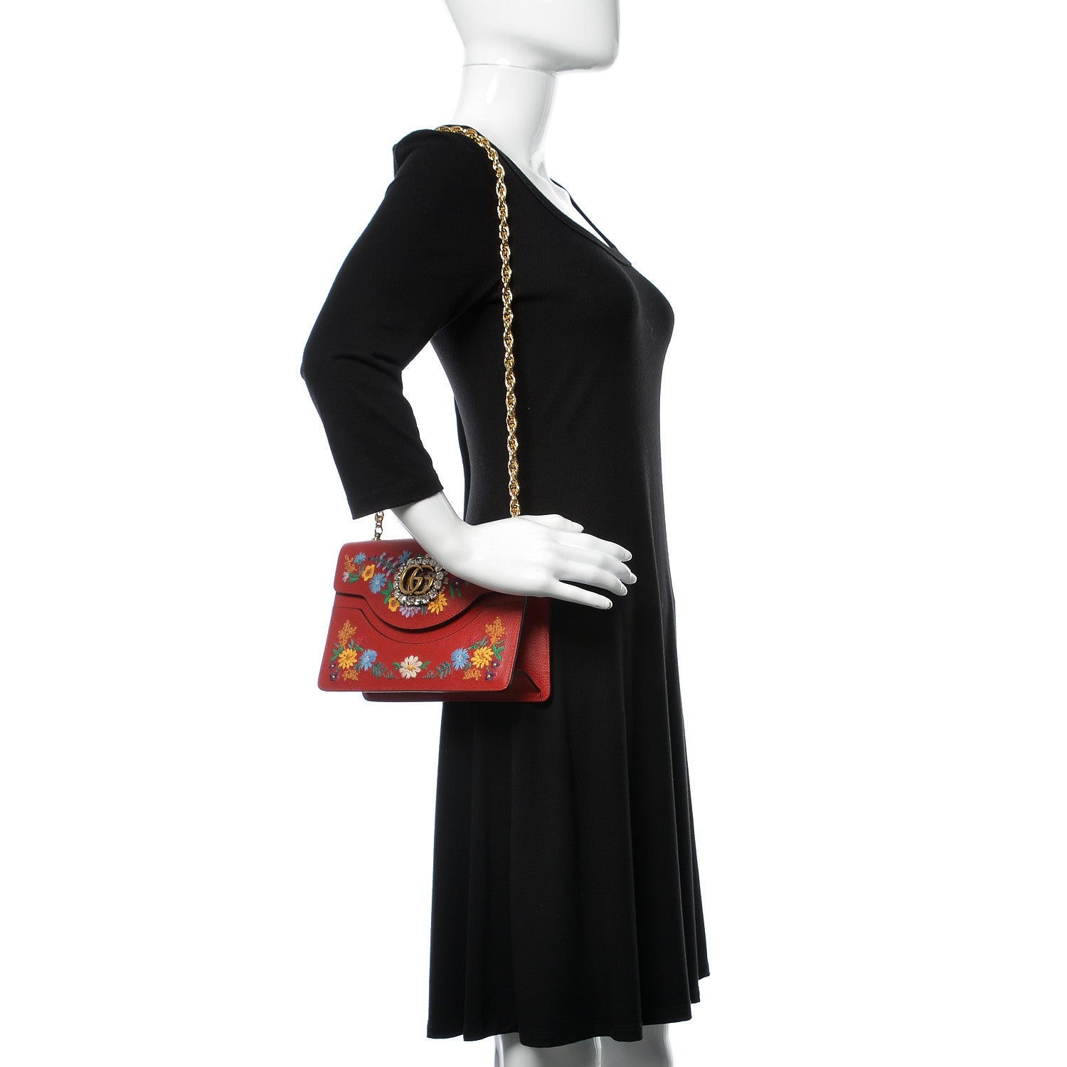 Gucci Textured Calfskin Embroidered Small Shoulder Bag Hibiscus Red Multicolor 2 of 10