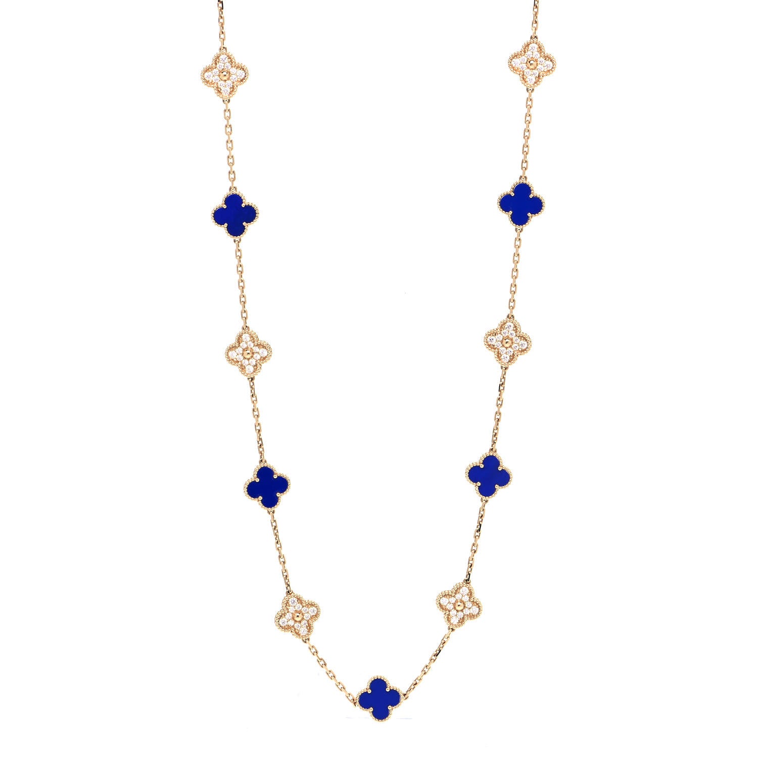 Van Cleef & Arpels 18K Yellow Gold Diamond Lapis 20 Motifs Vintage Alhambra Necklace 1 of 8
