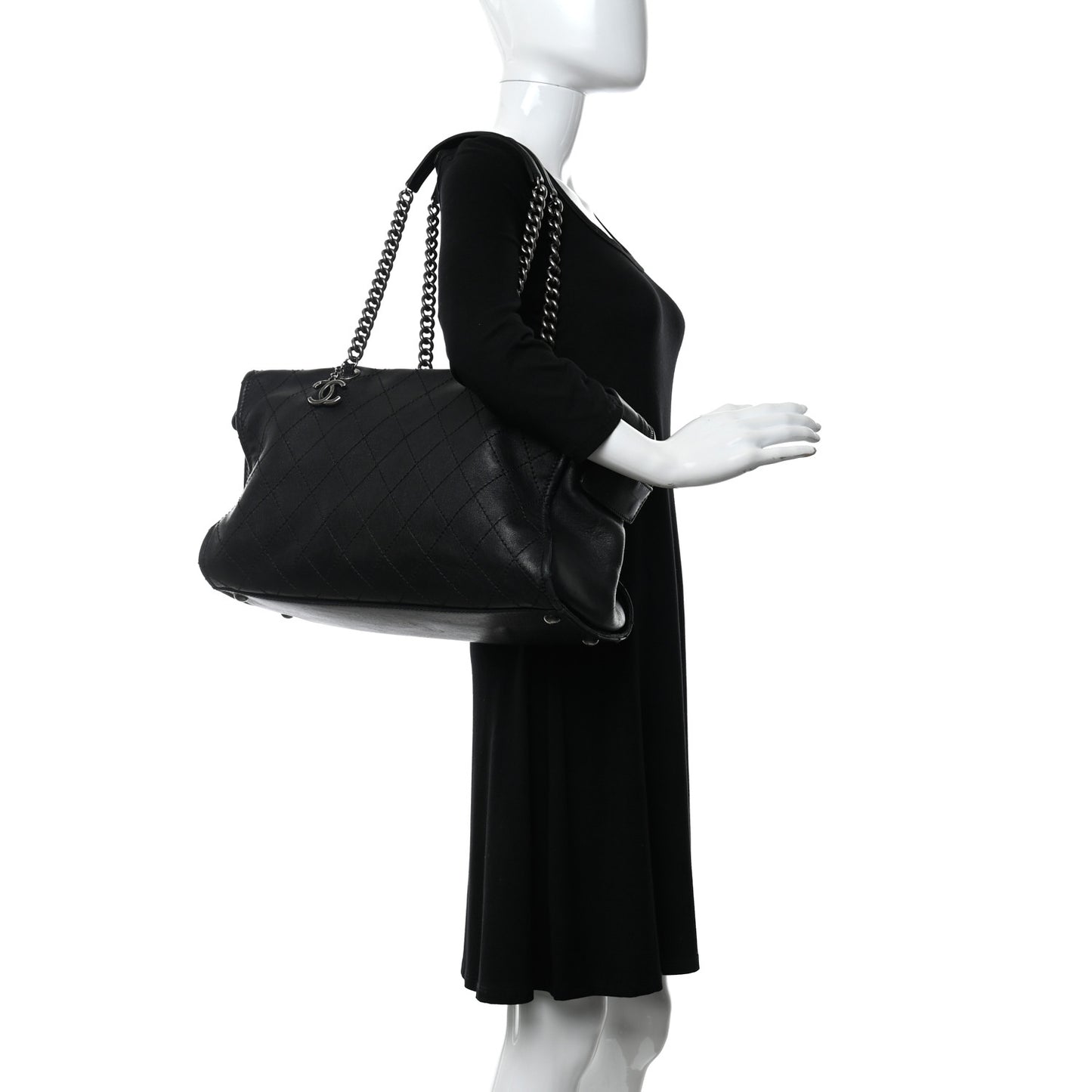 Calfskin Stitched Large Bowling Bag Black