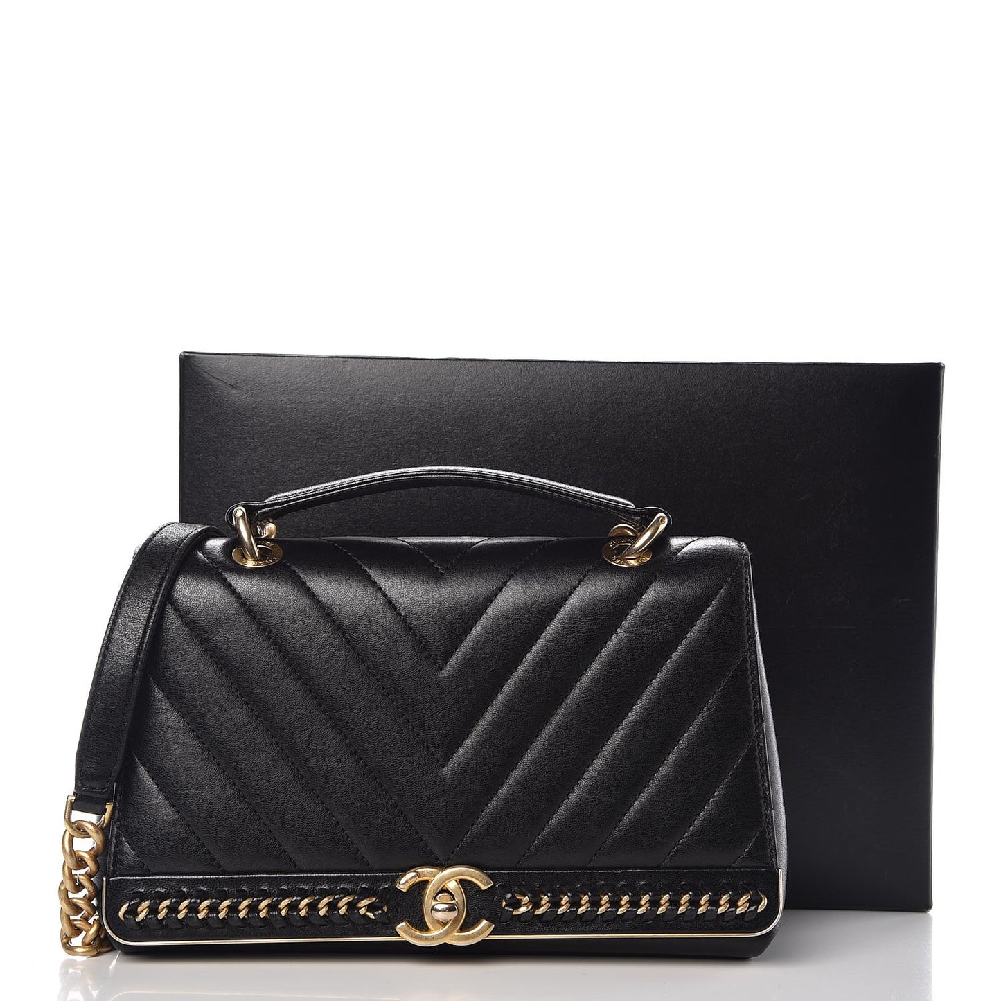 Sheepskin Chevron Stitched Chain Top Handle Flap Black