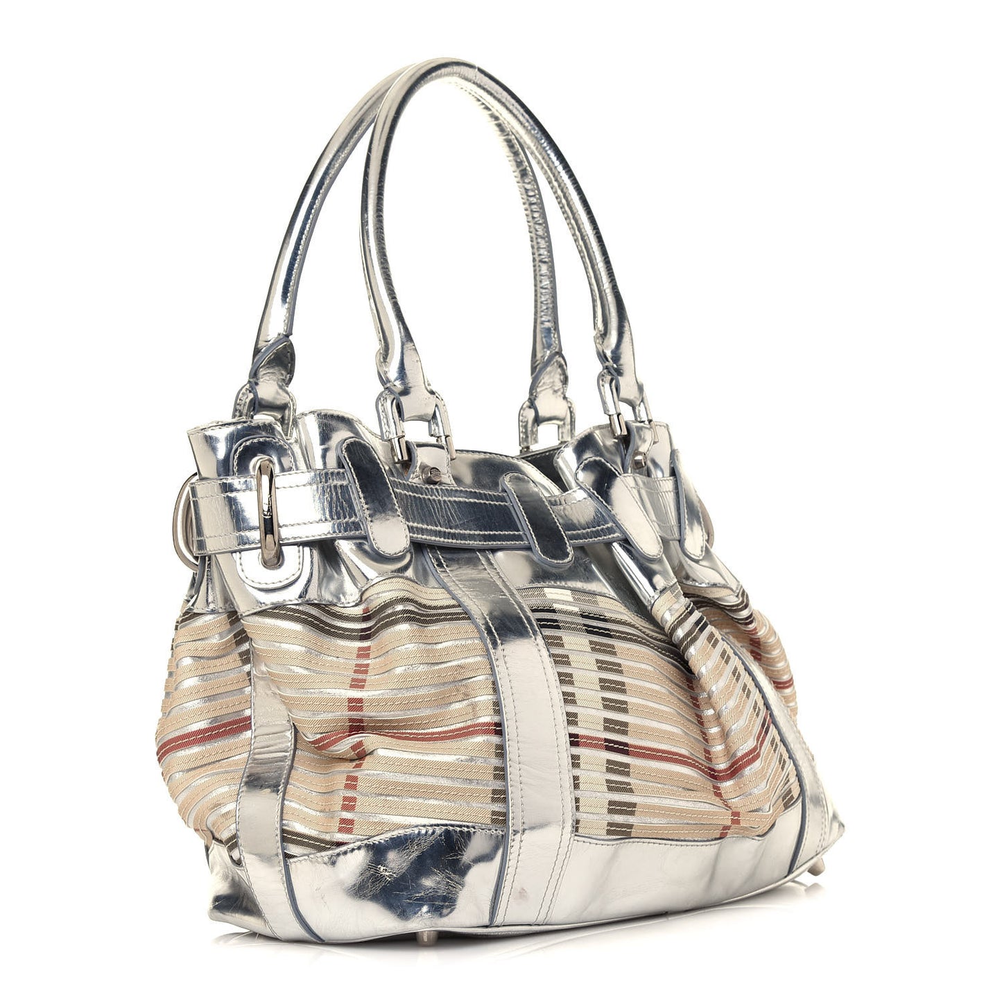 Metallic Patent House Check Sliced Beaton Tote Silver