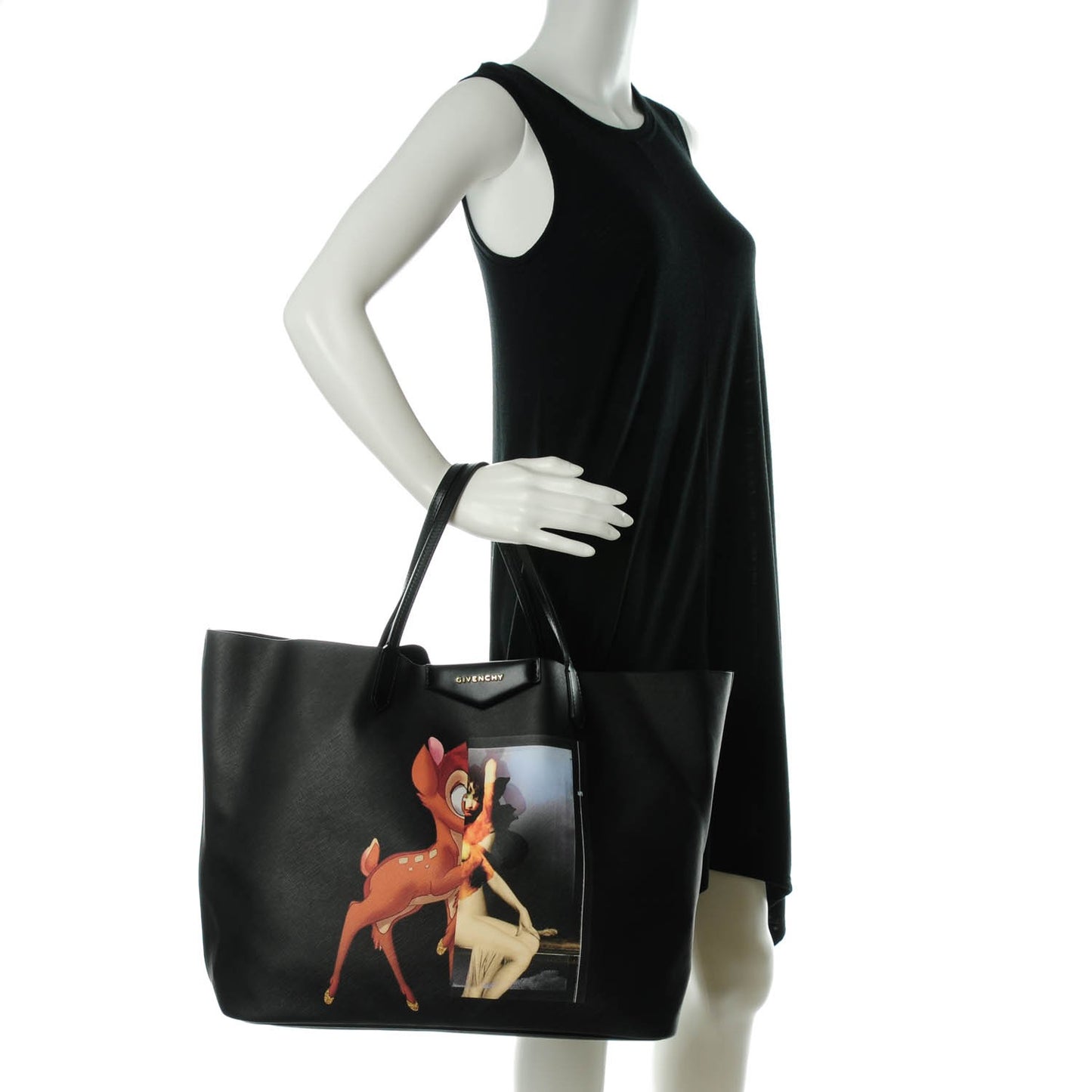 Textured Coated Canvas Bambi Print Large Antigona Tote Black