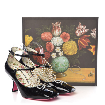 Gucci Patent Pearl Taide T-Strap Mid Heel Pumps 38 Black 9 of 9