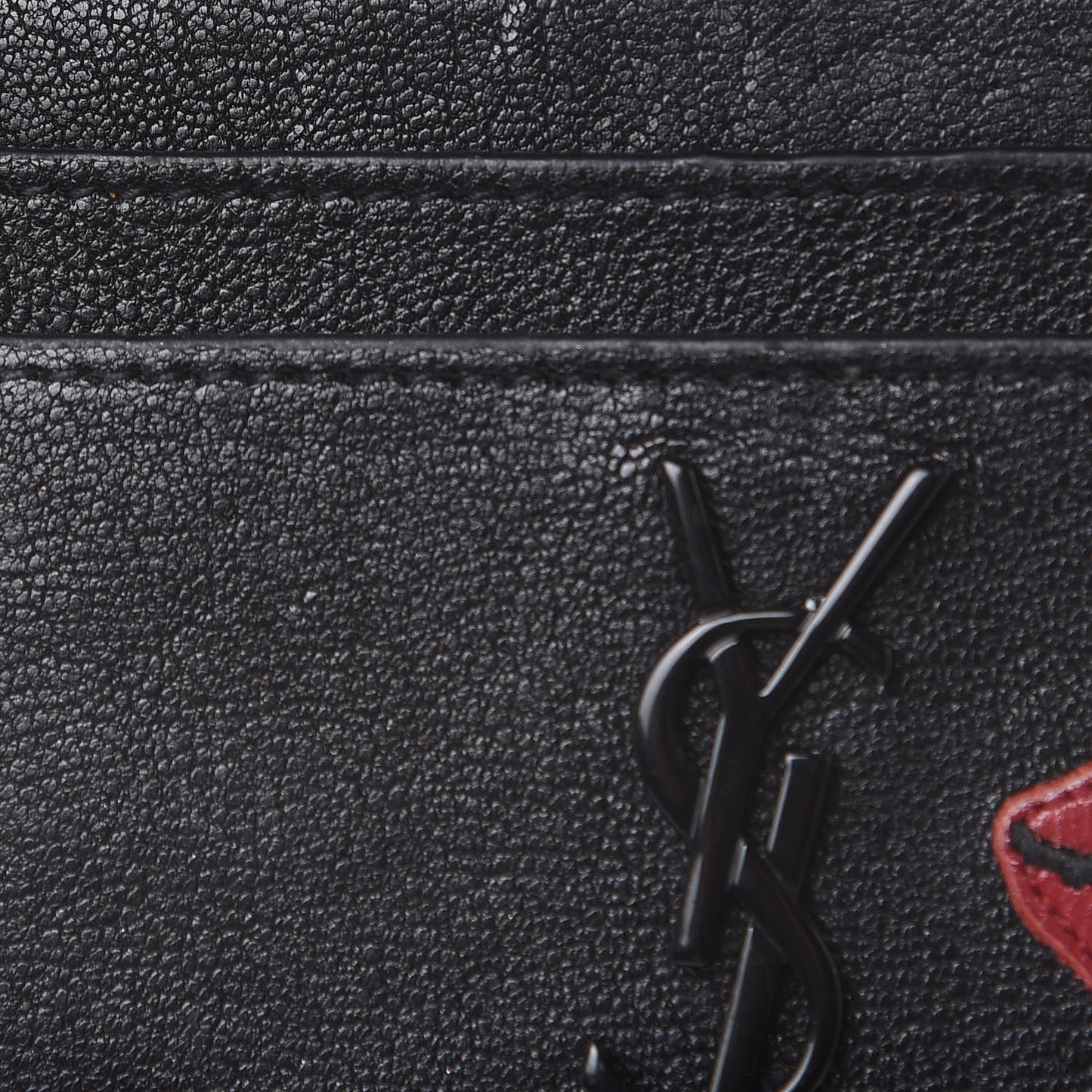 Calfskin Lip Embroidered Credit Card Case Black