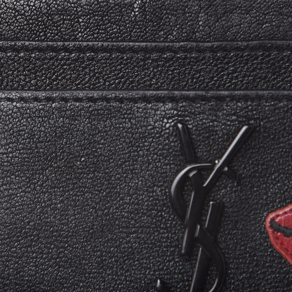 Saint Laurent Calfskin Lip Embroidered Credit Card Case Black 9 of 9
