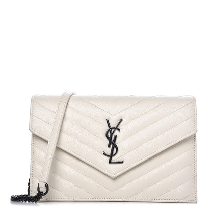 Saint Laurent Grain De Poudre Matelasse Chevron Monogram Envelope Chain Wallet Dove White 1 of 11