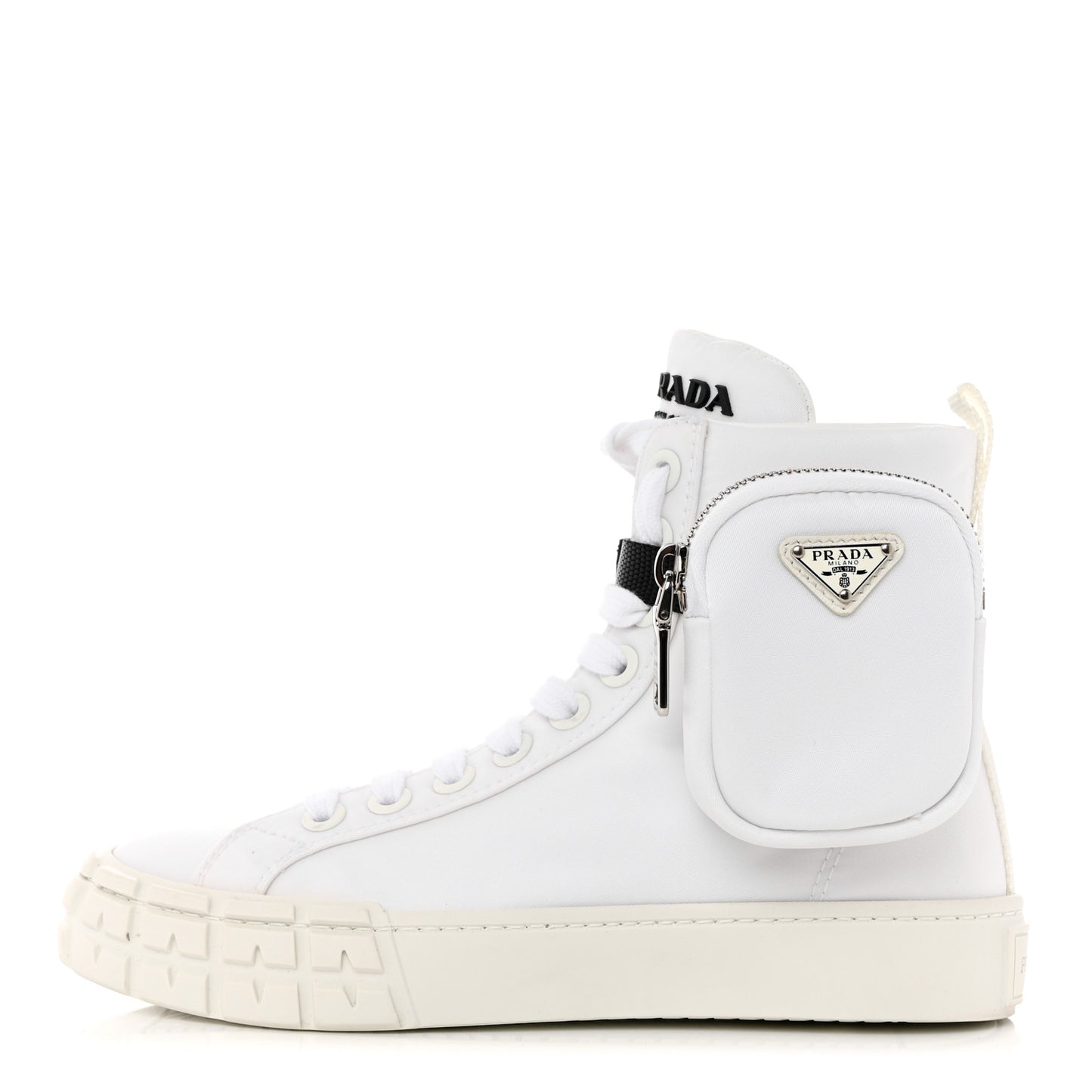 Re-Nylon Gabardine Metal Triangle Logo Wheel Pouch Pocket High Top Sneakers 35.5 White