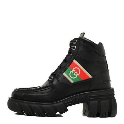 Gucci Quebec Calfskin Web Womens Interlocking G Lace Up Combat Boots 37 Black Mystic White Green Red 1 of 11