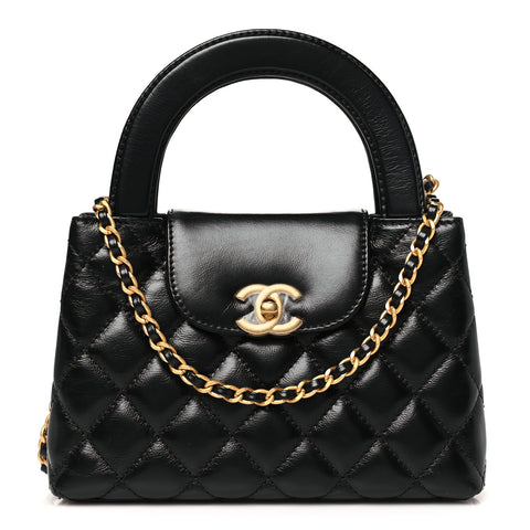 Shiny Aged Calfskin Quilted Nano Kelly Shopper Black