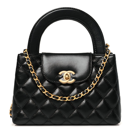 Shiny Aged Calfskin Quilted Nano Kelly Shopper Black