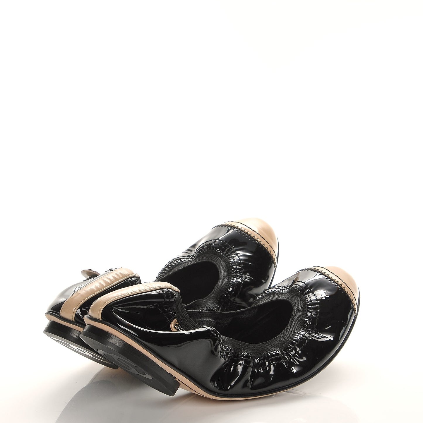 Patent Calfskin Elastic Cap Toe Ballerina Flats 37 Black Beige