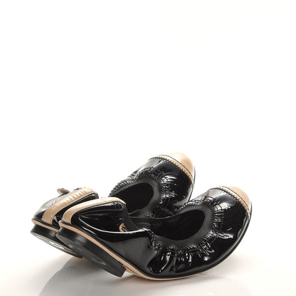Chanel Patent Calfskin Elastic Cap Toe Ballerina Flats 37 Black Beige 4 of 8