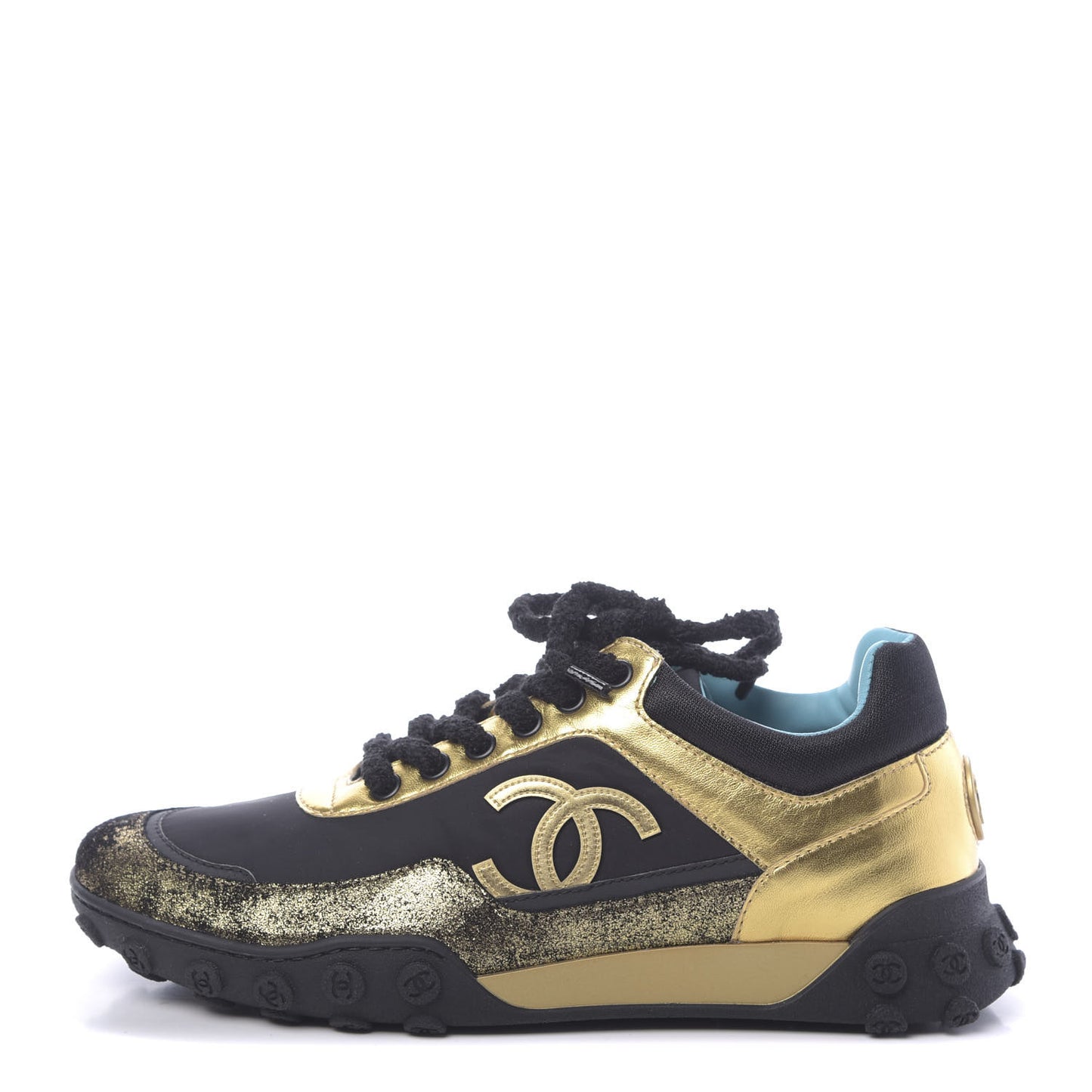 Metallic Lambskin Satin Finish Womens CC Sneakers 37.5 Black Gold