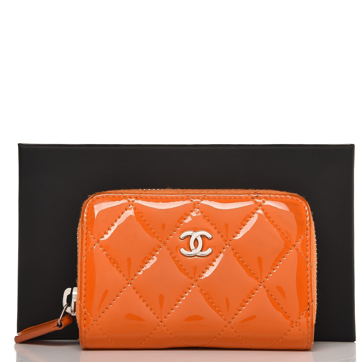 Patent Calfskin Quilted Zip Coin Purse Orange
